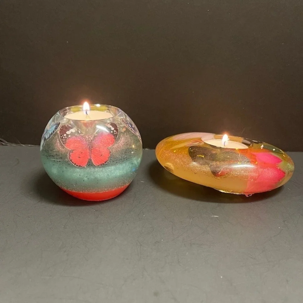 Two Handcrafted Tea Light Candle Holders‎ Butterflies Flowers Shells